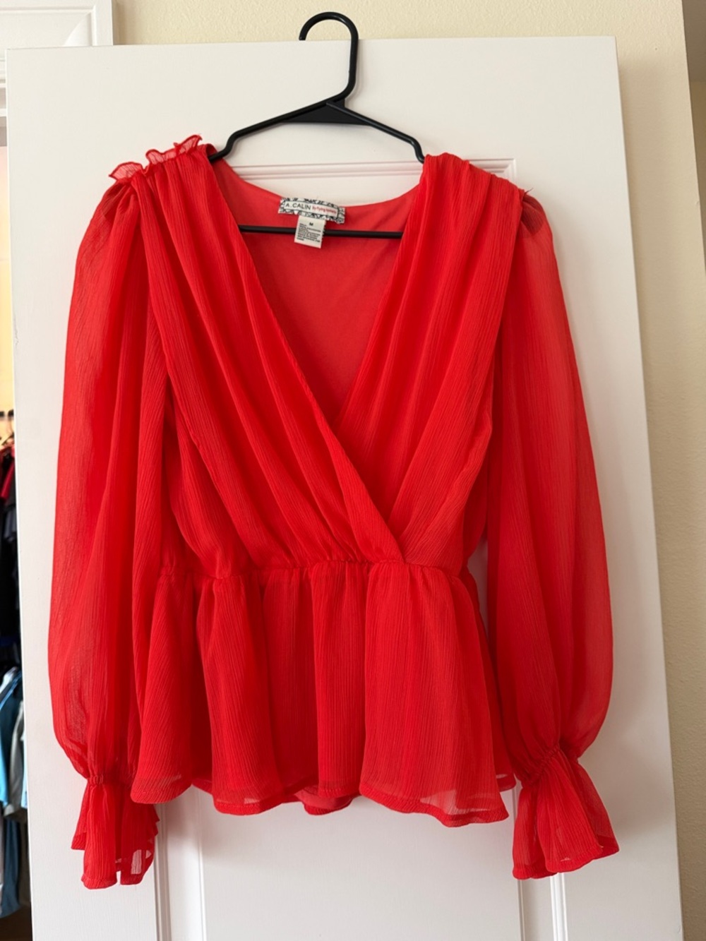 Deep Salmon Sheer Peplum Wrap Blouse - Women